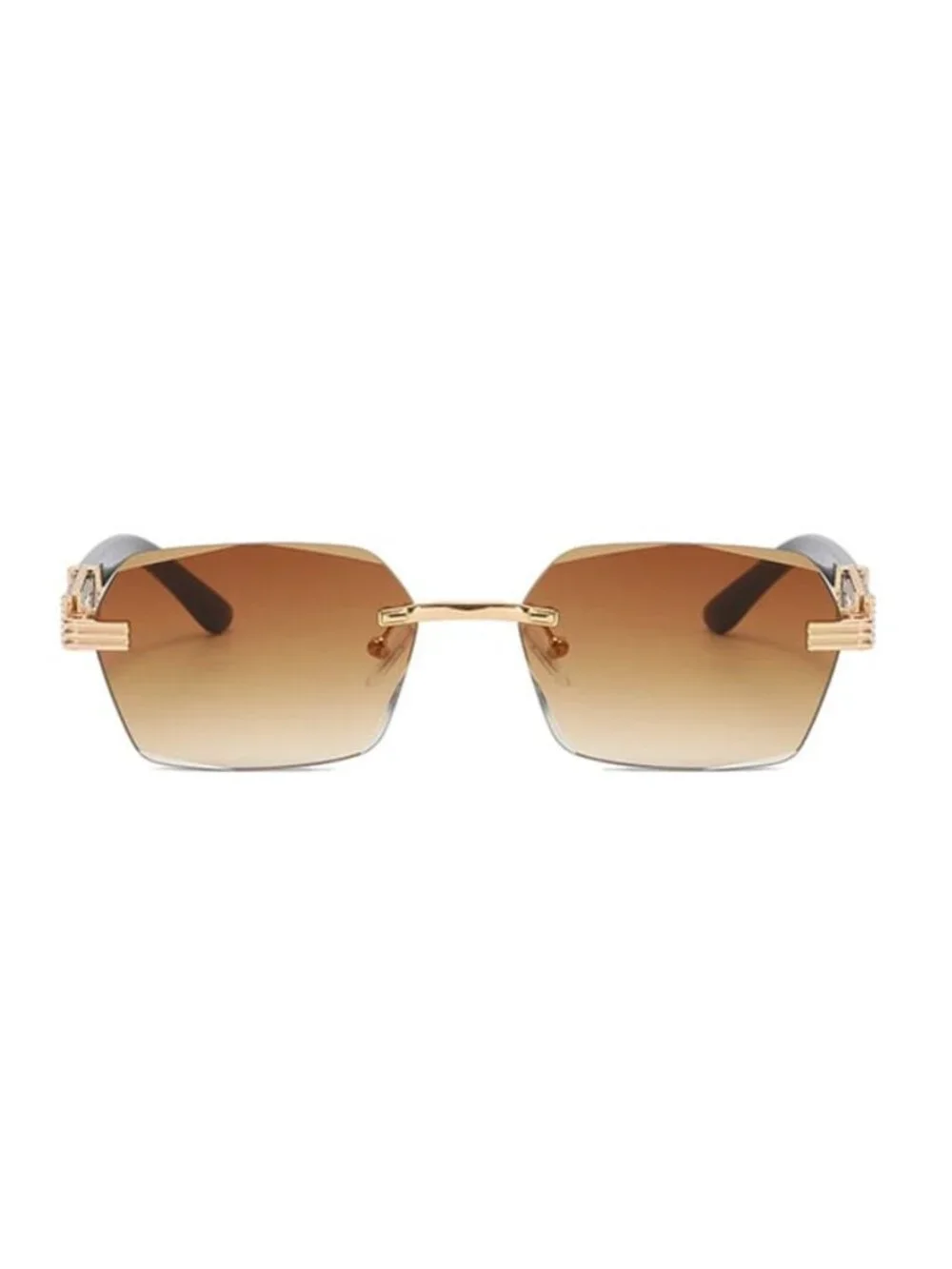 Retro Unisex Rimless Brown Tea Gradient Sunglasses W/ Gold-Tone & Wooden Arms